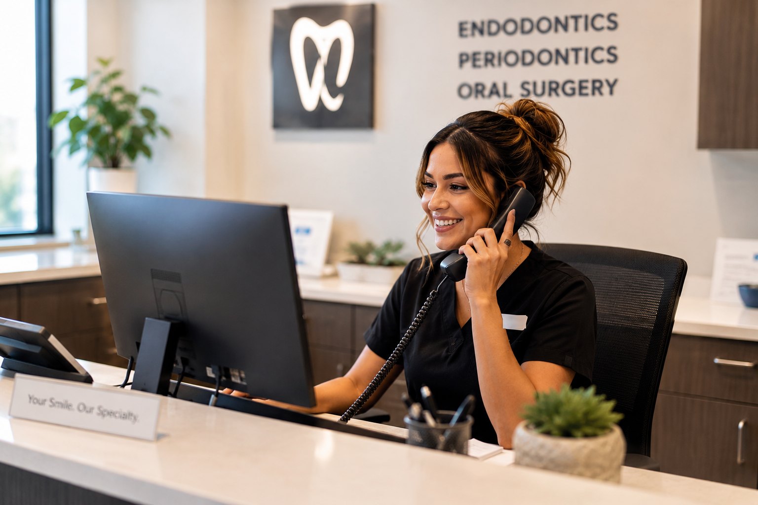 Smiling front-desk team member answering the phone at a dental specialty practice