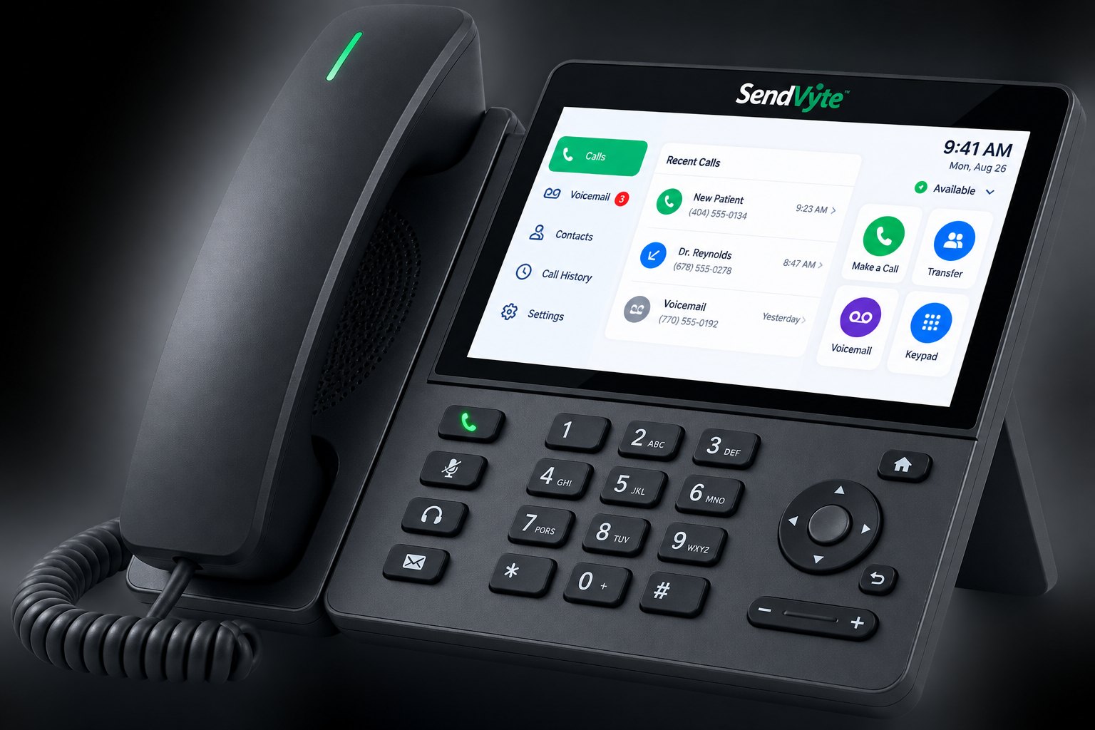 SendVyte Voice desk phone with a touchscreen showing recent calls