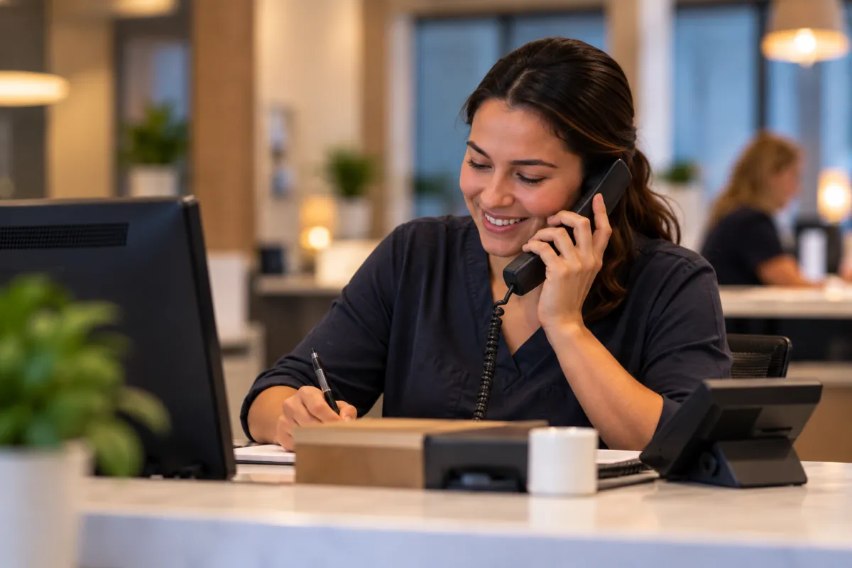 Front-desk team member taking a call while writing notes