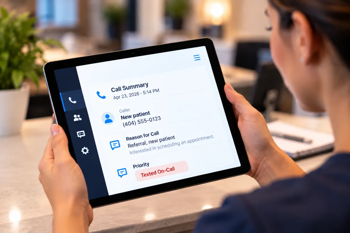 Staff member reviewing a SendVyte call summary on a tablet (demo data)
