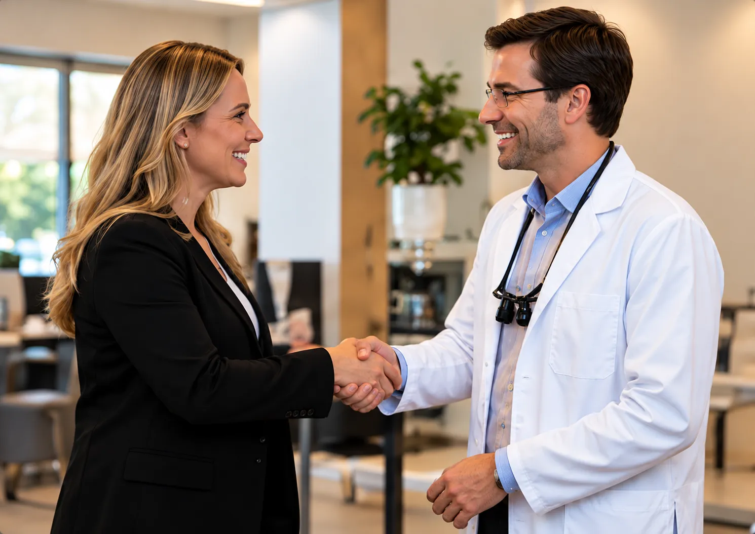 Dental specialist greeting a representative from a referring practice