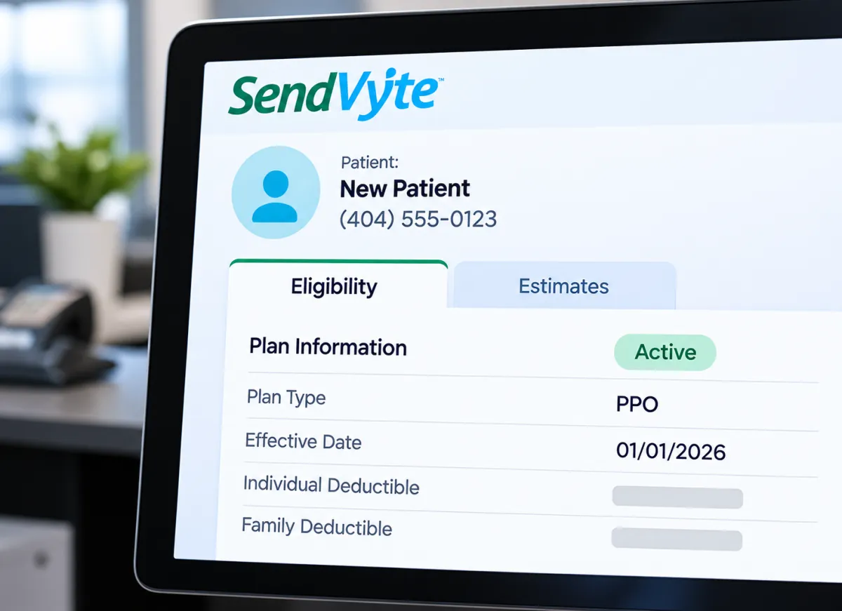 SendVyte Verify eligibility screen with a demo patient