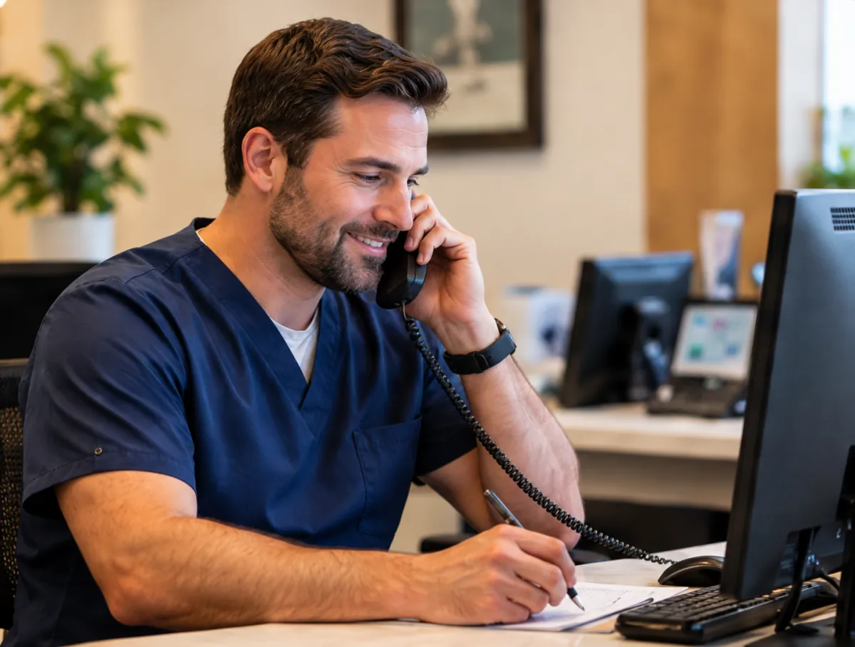 Front-desk team member answering a desk phone