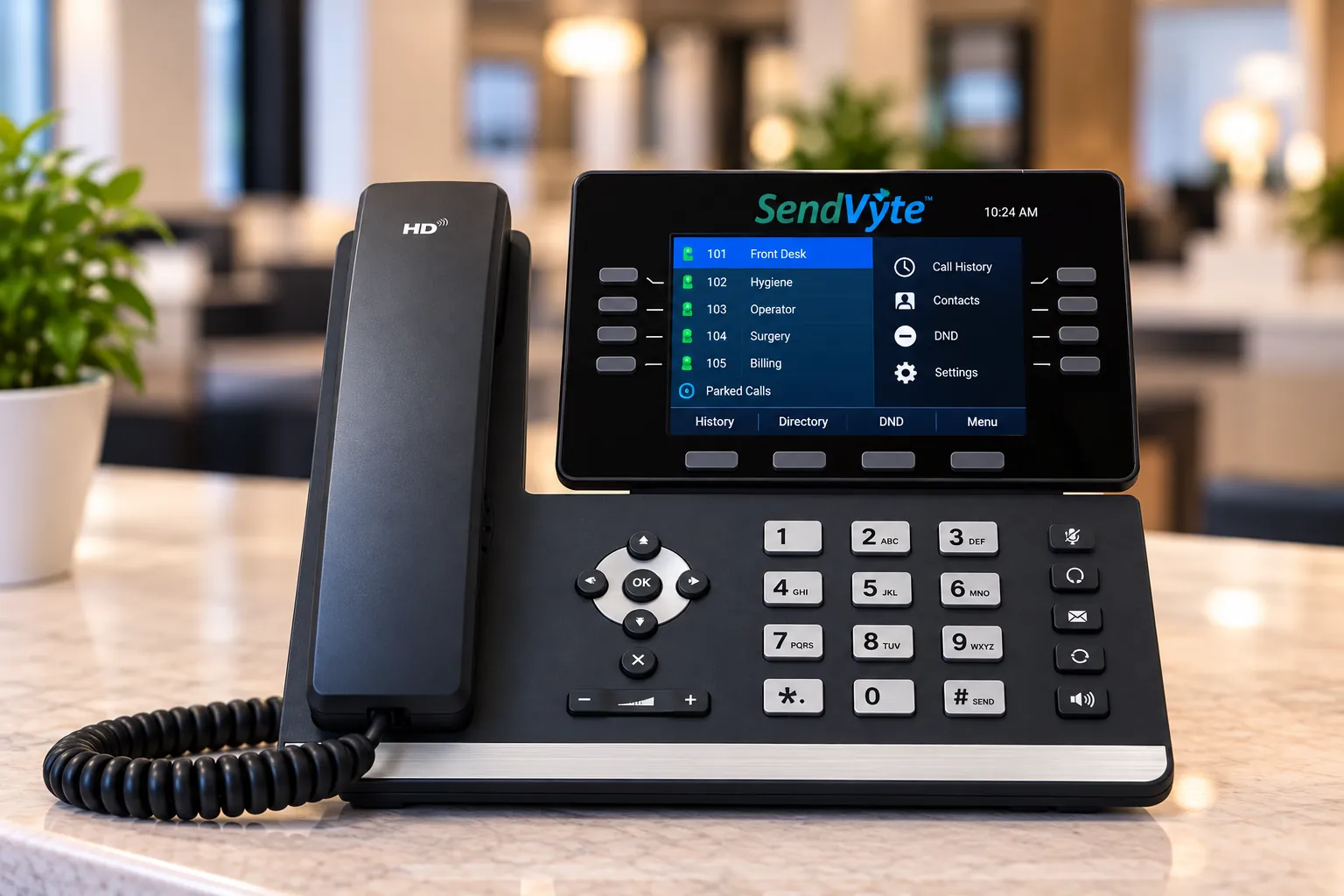 SendVyte Voice desk phone showing extensions and call options
