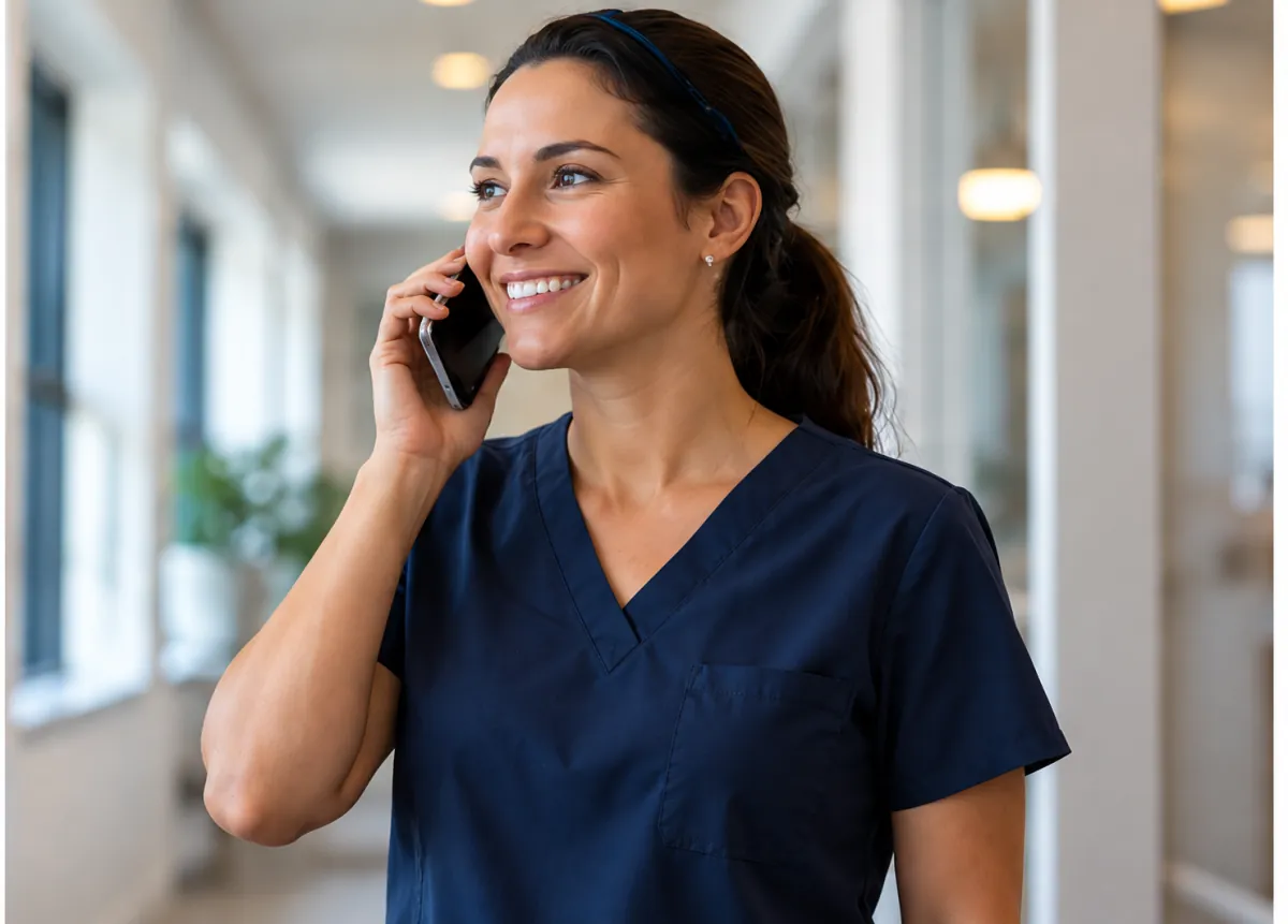 Staff member taking an office call on a mobile phone
